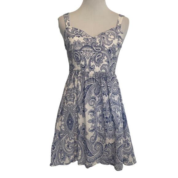 Zara Paisley Fit and Flare Dress Womens Small Blue White Sweetheart Neck Mini - Picture 2 of 9